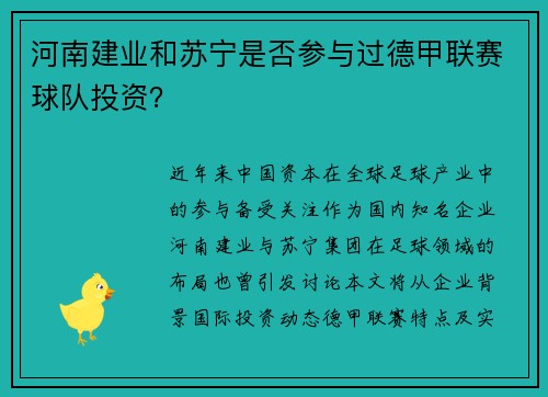 河南建业和苏宁是否参与过德甲联赛球队投资？