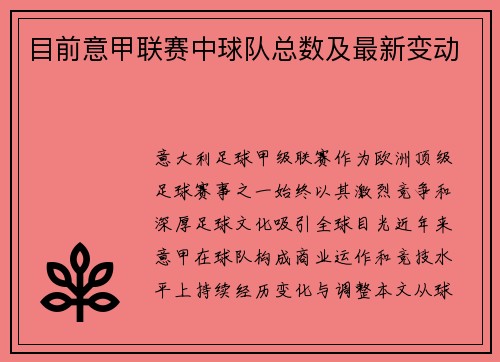 目前意甲联赛中球队总数及最新变动